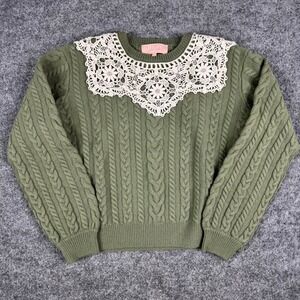 BAPY Sweater Womens Size S Olive Green Wool Cable Knit Lace Collar NWT